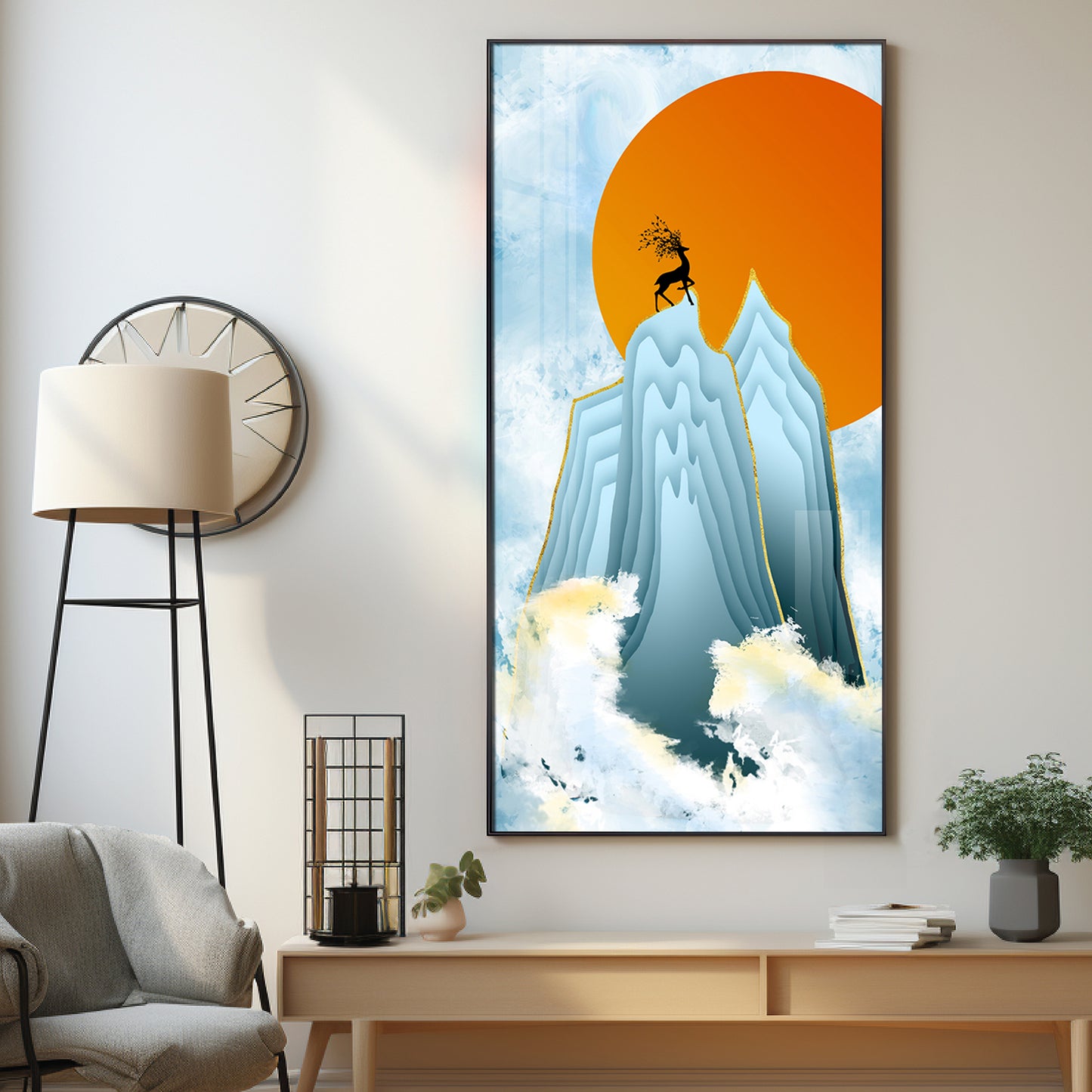Black Deer On Mountains Premium Acrylic Vertical Wall Art
