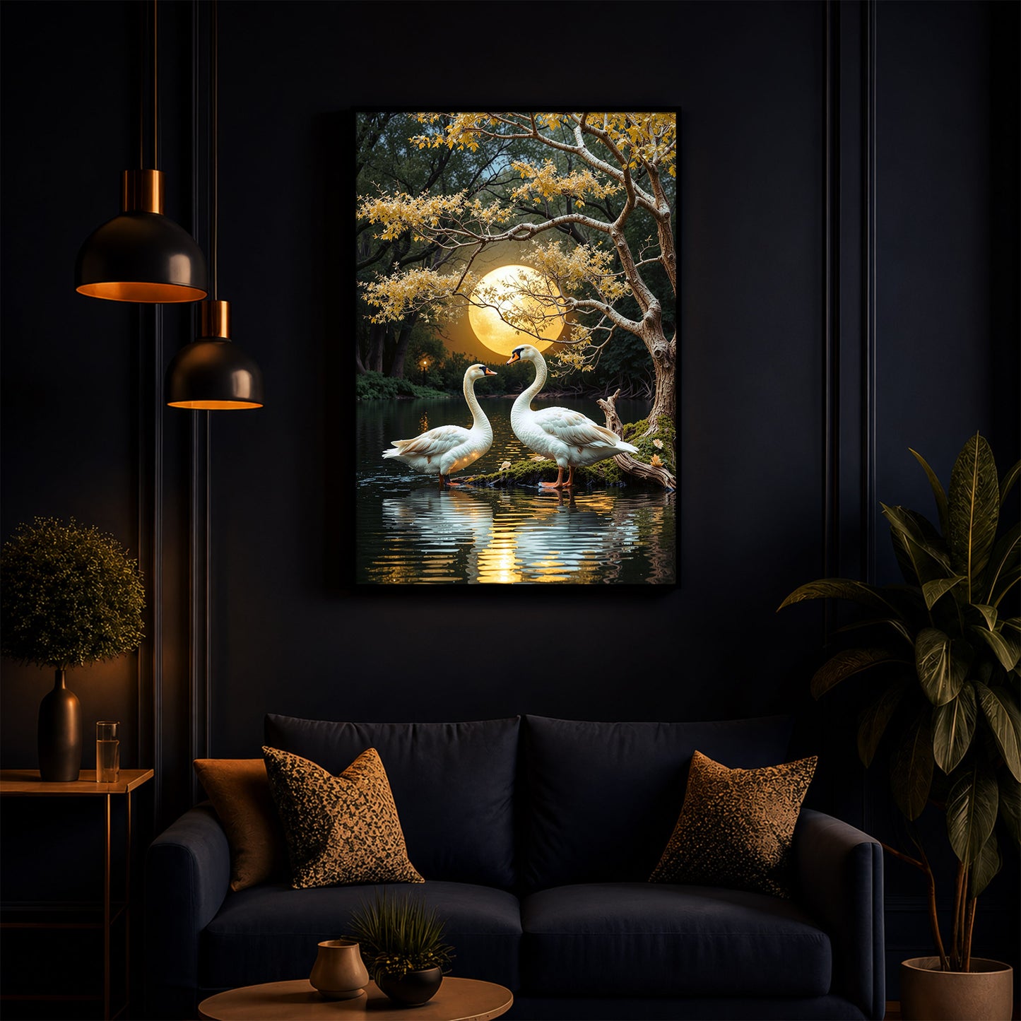 Couple Swan Modern Luxury Backlight Vertical Wall Art