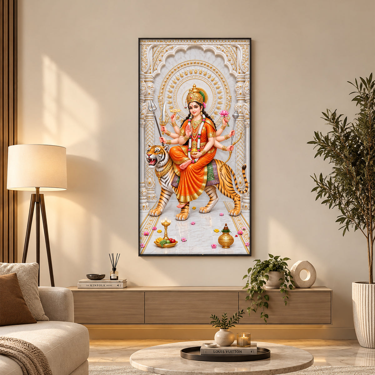 Durga Mata In Orange Attire Premium Acrylic Vertical Wall Art