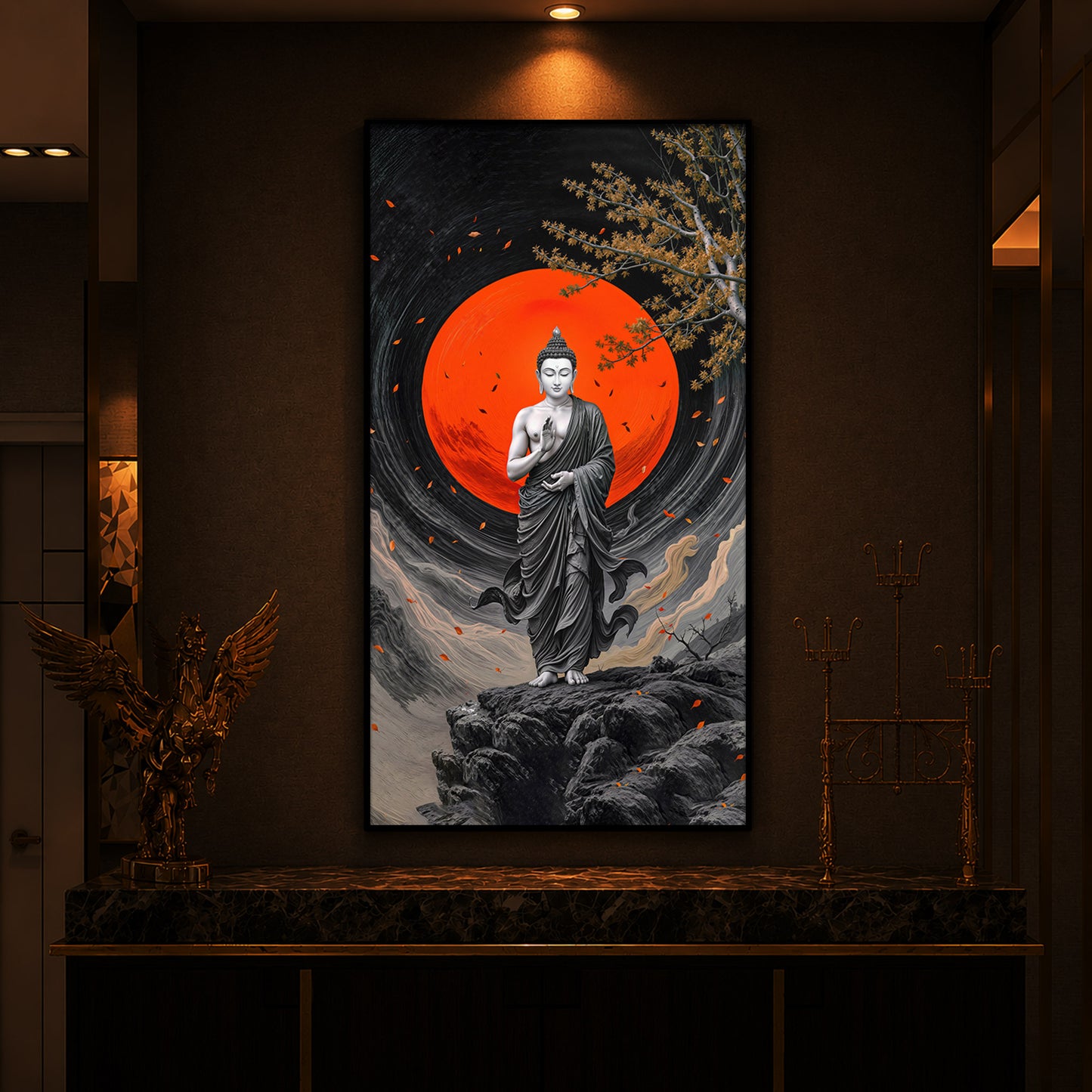 Namo Buddhay Modern Luxury Backlight Vertical Wall Art