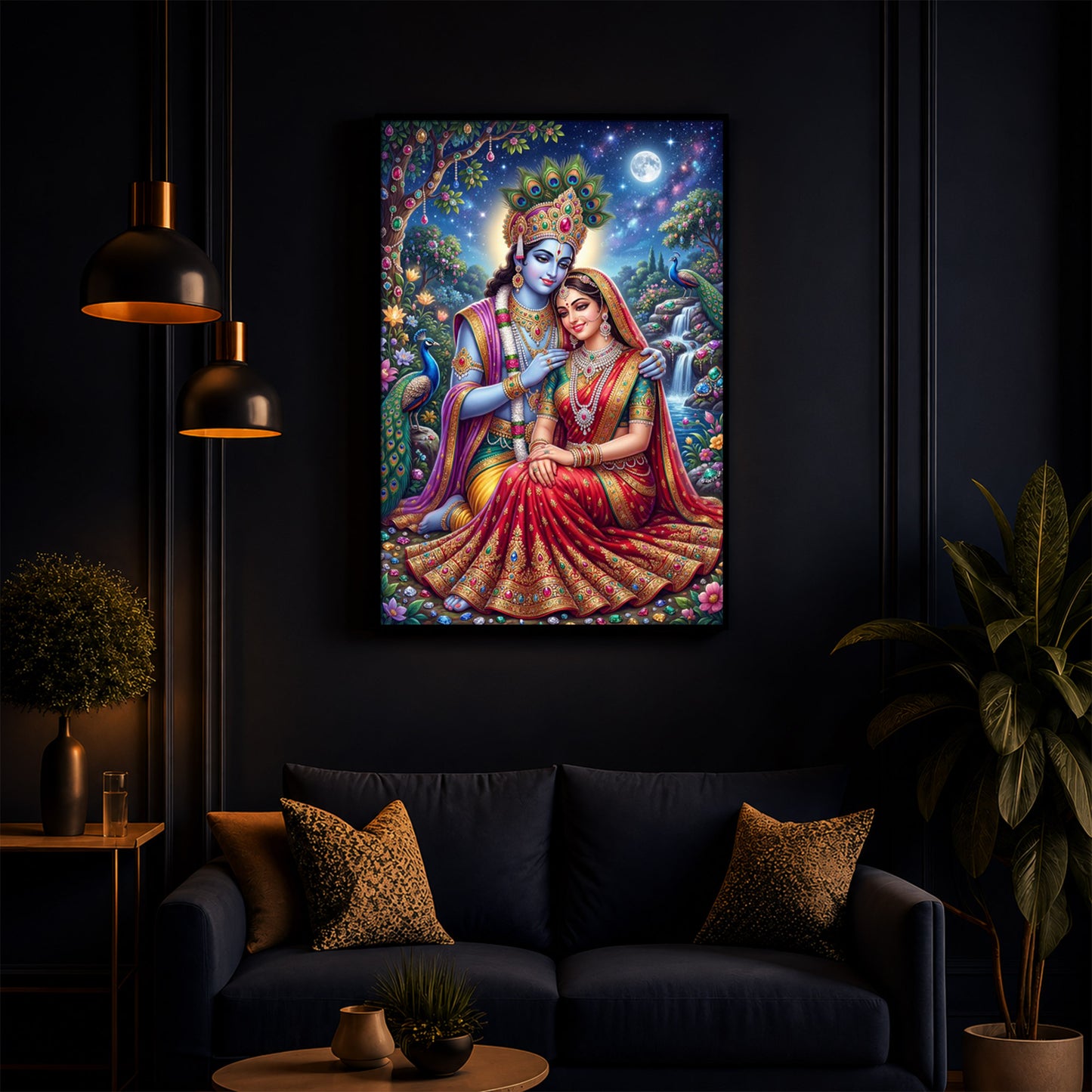 Divine Radha Krishna Serenity Modern Luxury Backlight Vertical Wall Art
