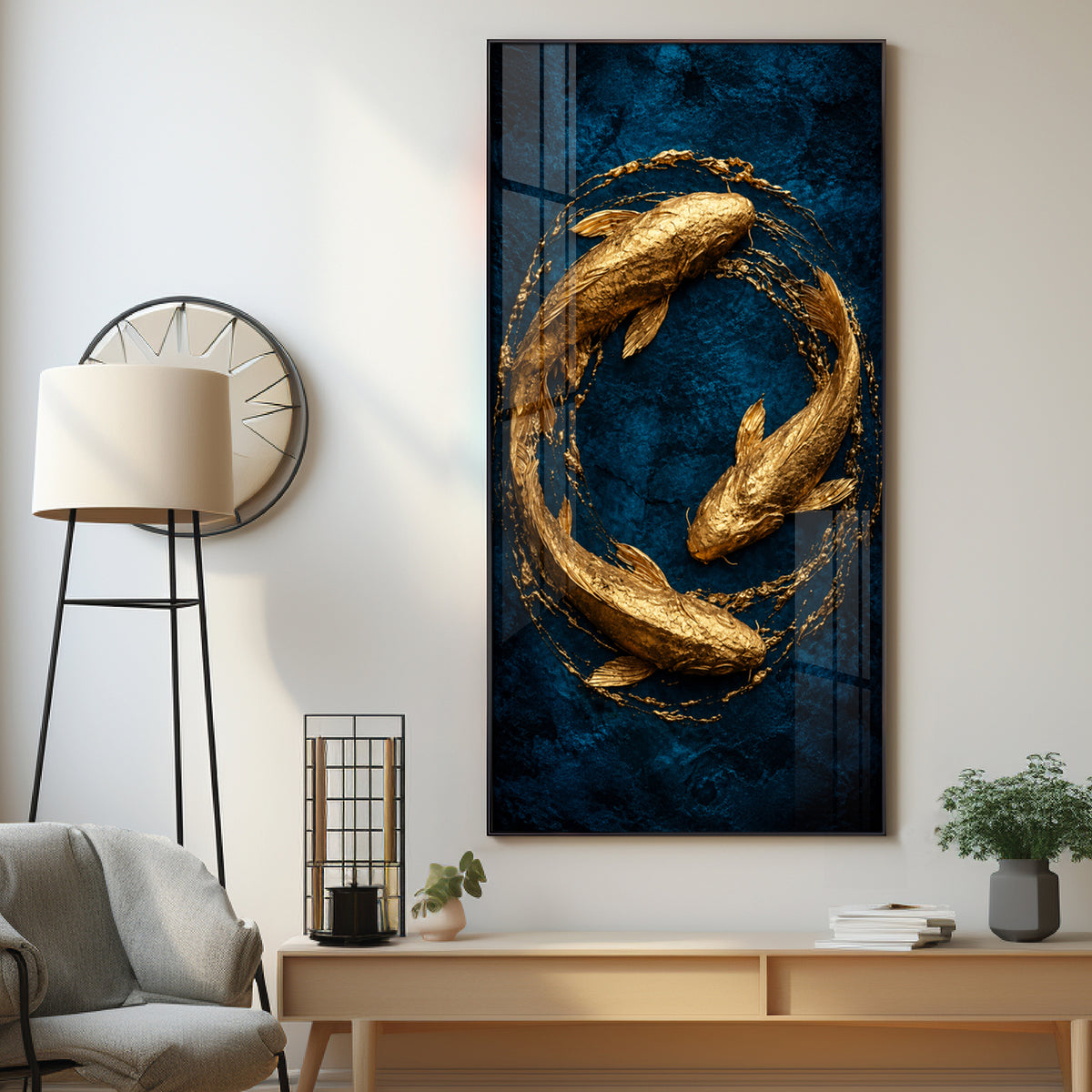 Majestic Golden Koi Circle Background Premium Acrylic Vertical Wall Art