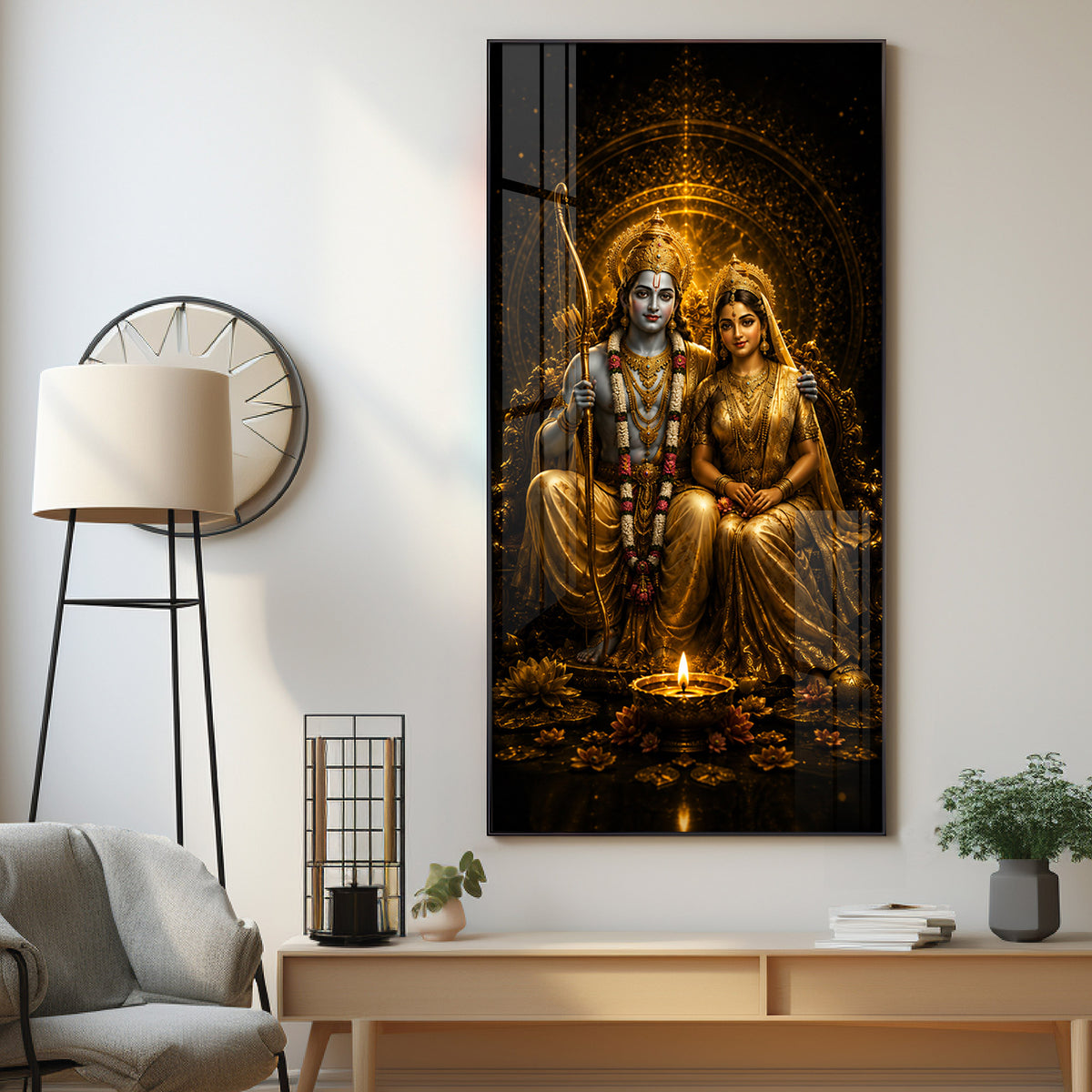 Divine Lord Rama & Sita Golden Premium Acrylic Vertical Wall Art