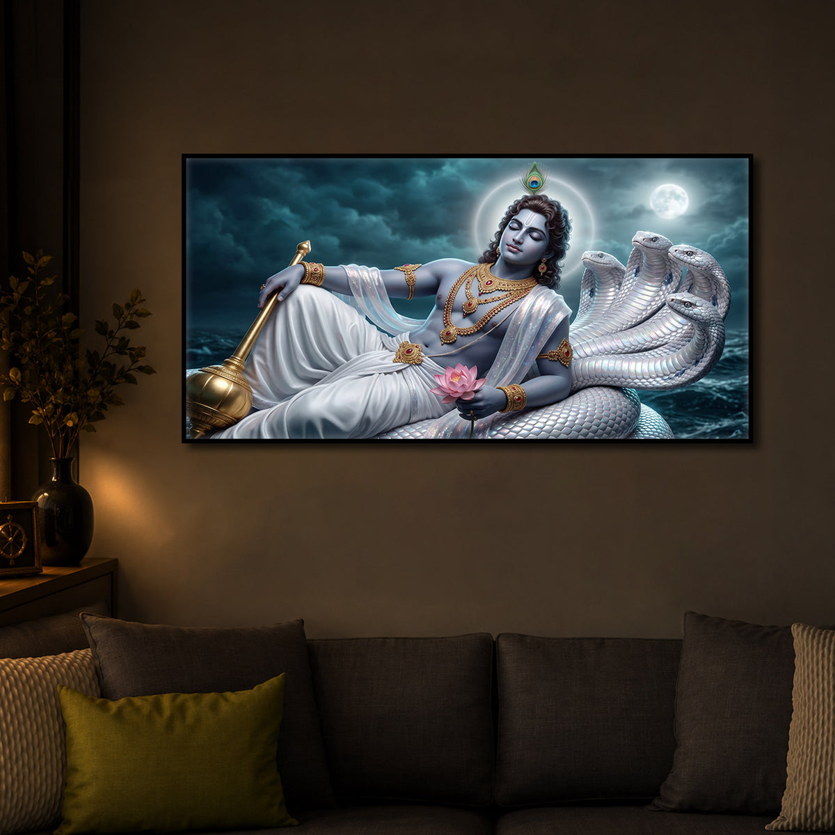 Lord Vishnu With Sheshnag Modern Luxury Backlight Horizontal Wall Art