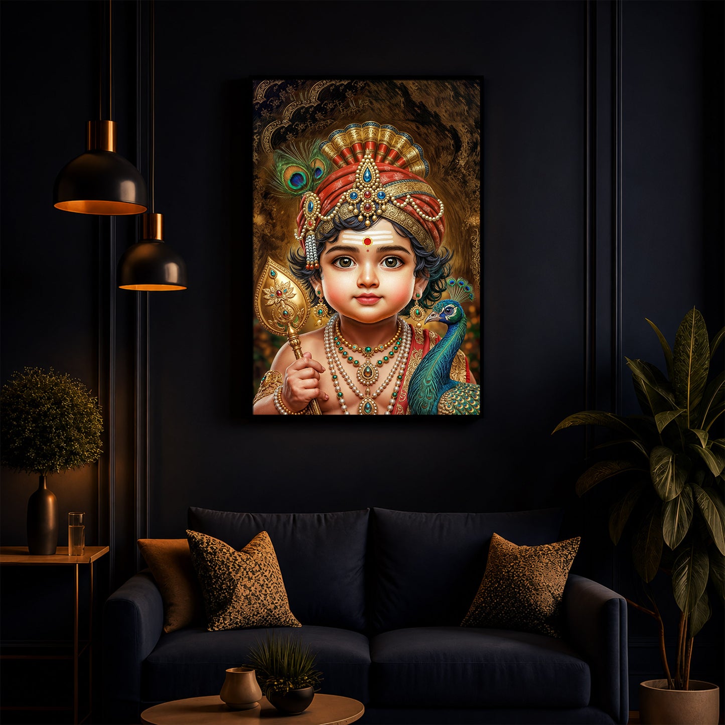 Little Murugan With Peacock Modern Luxury Backlight Vertical Wall Art