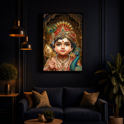 Little Murugan With Peacock Modern Luxury Backlight Vertical Wall Art