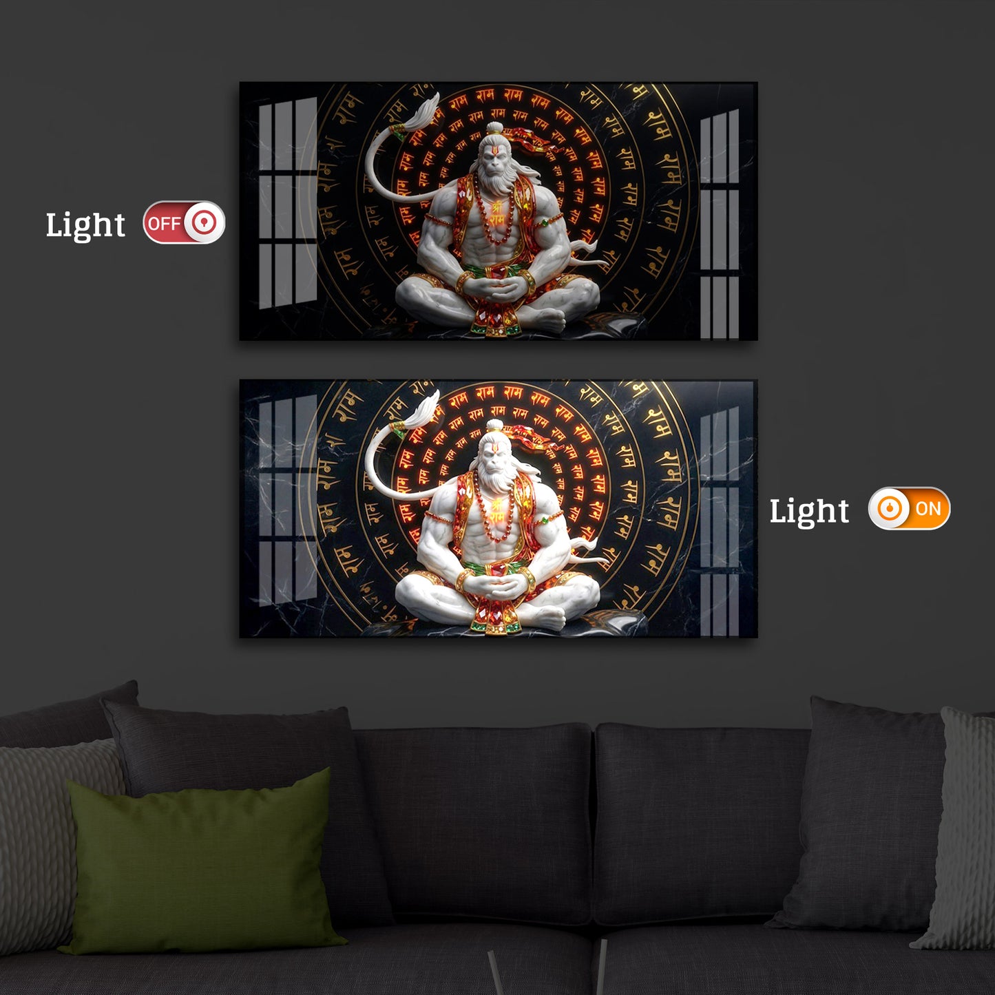 Lord Hanuman Sitting In A Meditative Modern Luxury Backlight Horizontal Wall Art