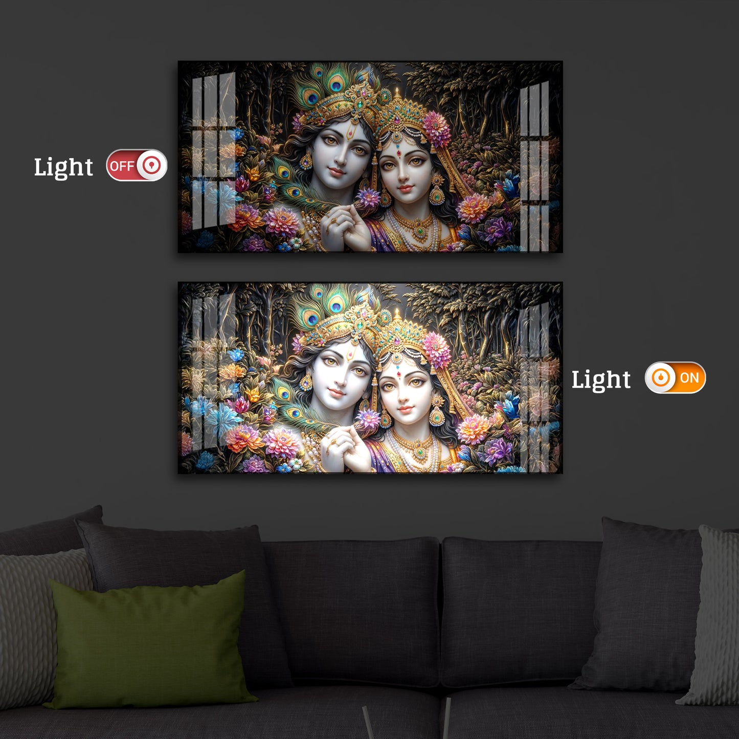 Spiritual Serenity Radha Krishna Modern Luxury Backlight Horizontal Wall Art