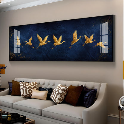 Golden Flying Cranes Dark Blue Premium Acrylic Horizontal Wall Art