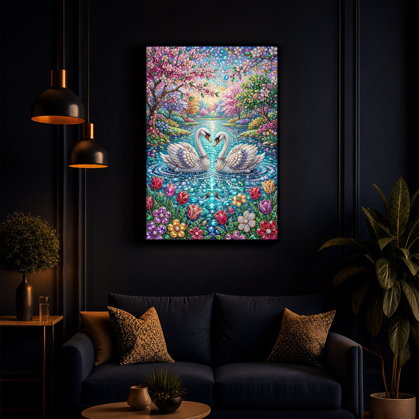 Pair Of Swans Modern Luxury Backlight Vertical Wall Art