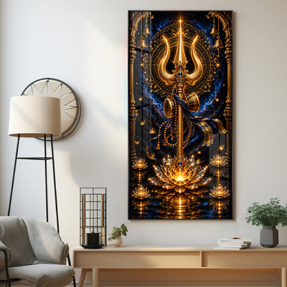 Divine Golden Trishul Premium Acrylic Vertical Wall Art