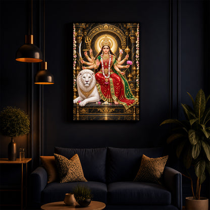 Maa Durga With White Lion Modern Luxury Backlight Vertical Wall Art