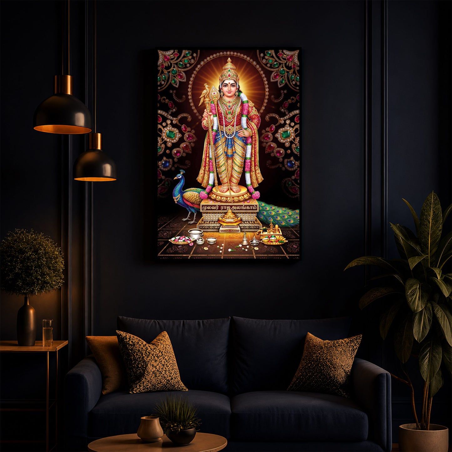Lord Murugan With Peacock Modern Luxury Backlight Vertical Wall Art
