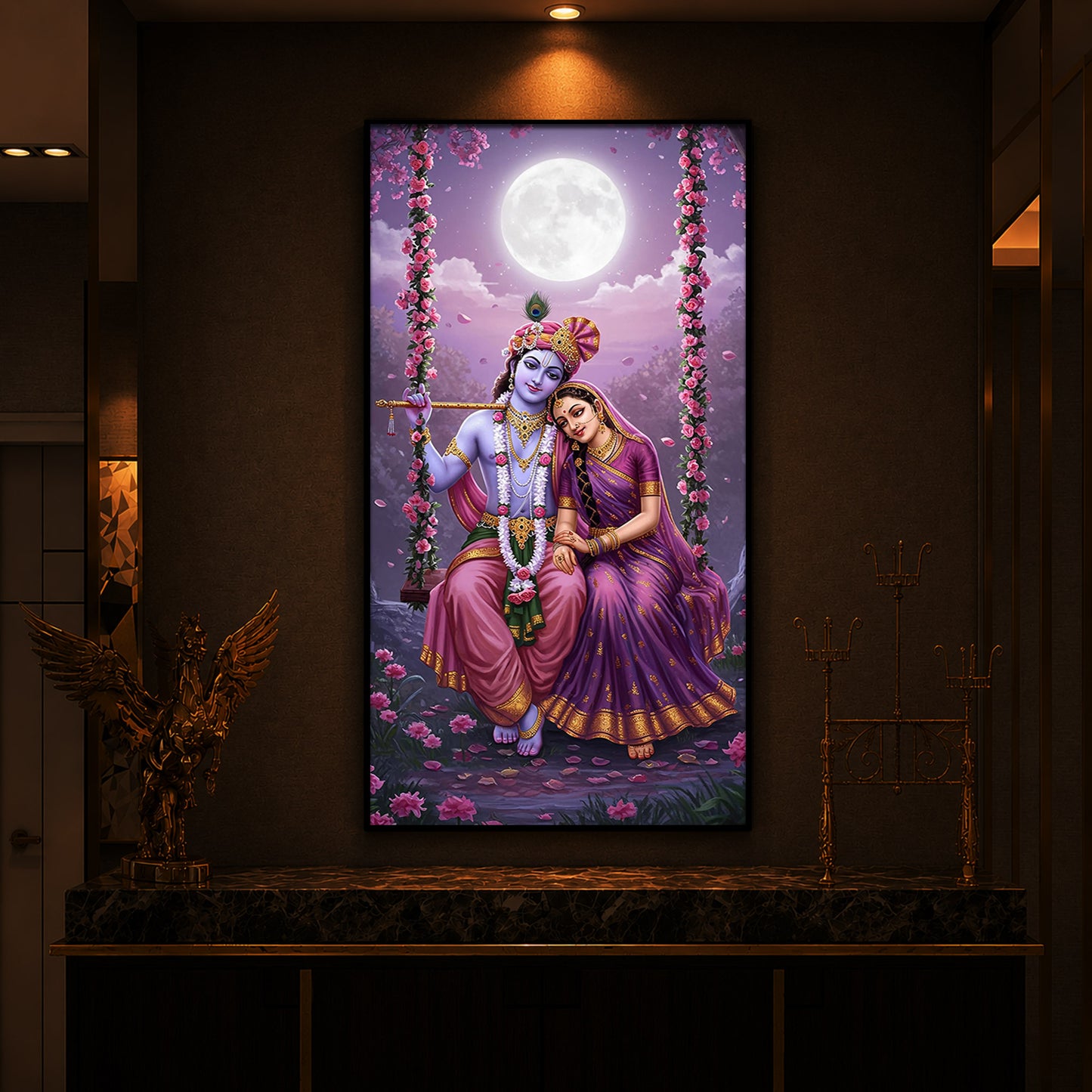 Loving Radha Krishna Modern Luxury Backlight Vertical Wall Art