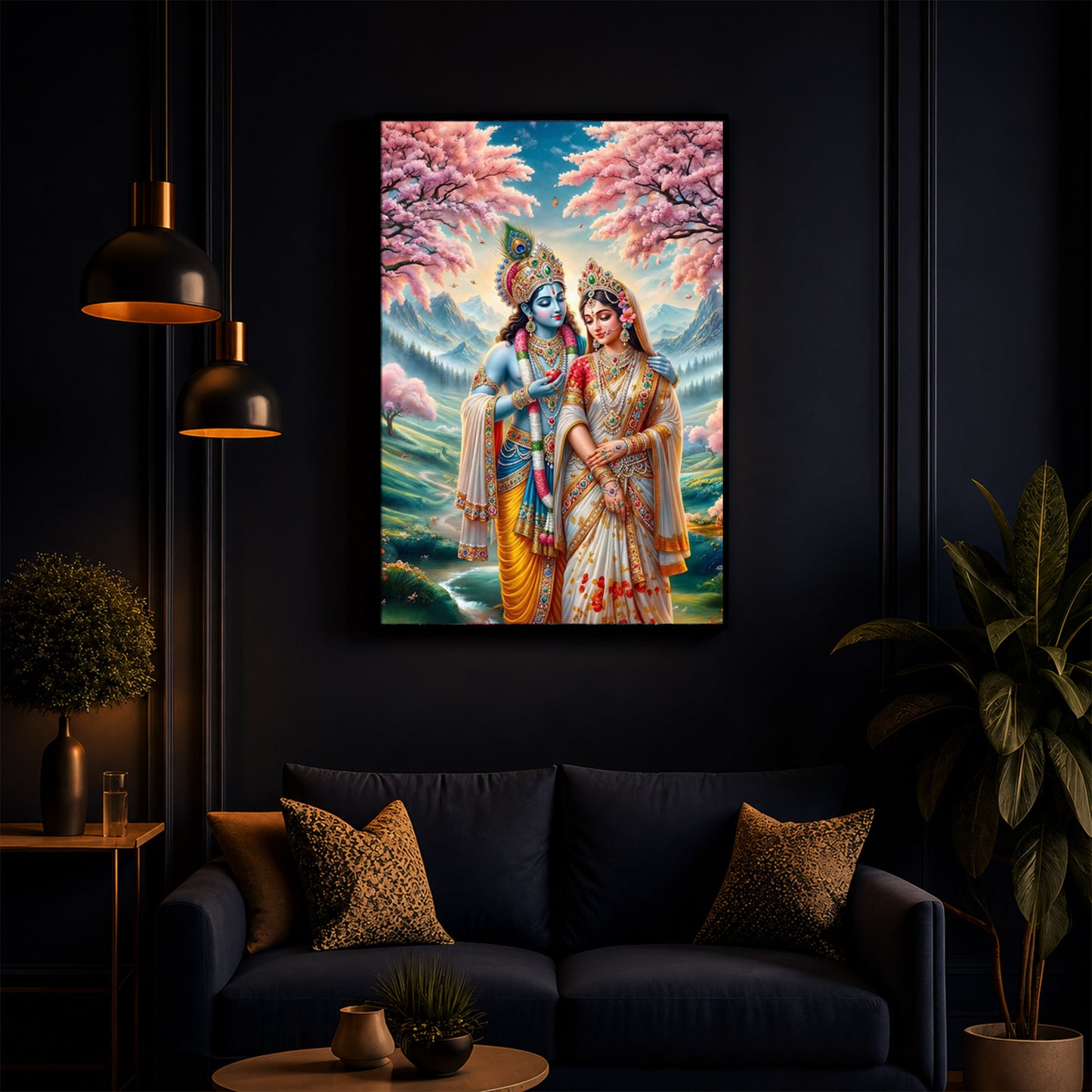 Radha Krishna Standing Together Modern Luxury Backlight Vertical Wall Art