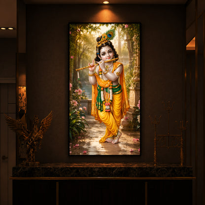 Bal Krishna Playing The Flute Modern Luxury Backlight Vertical Wall Art