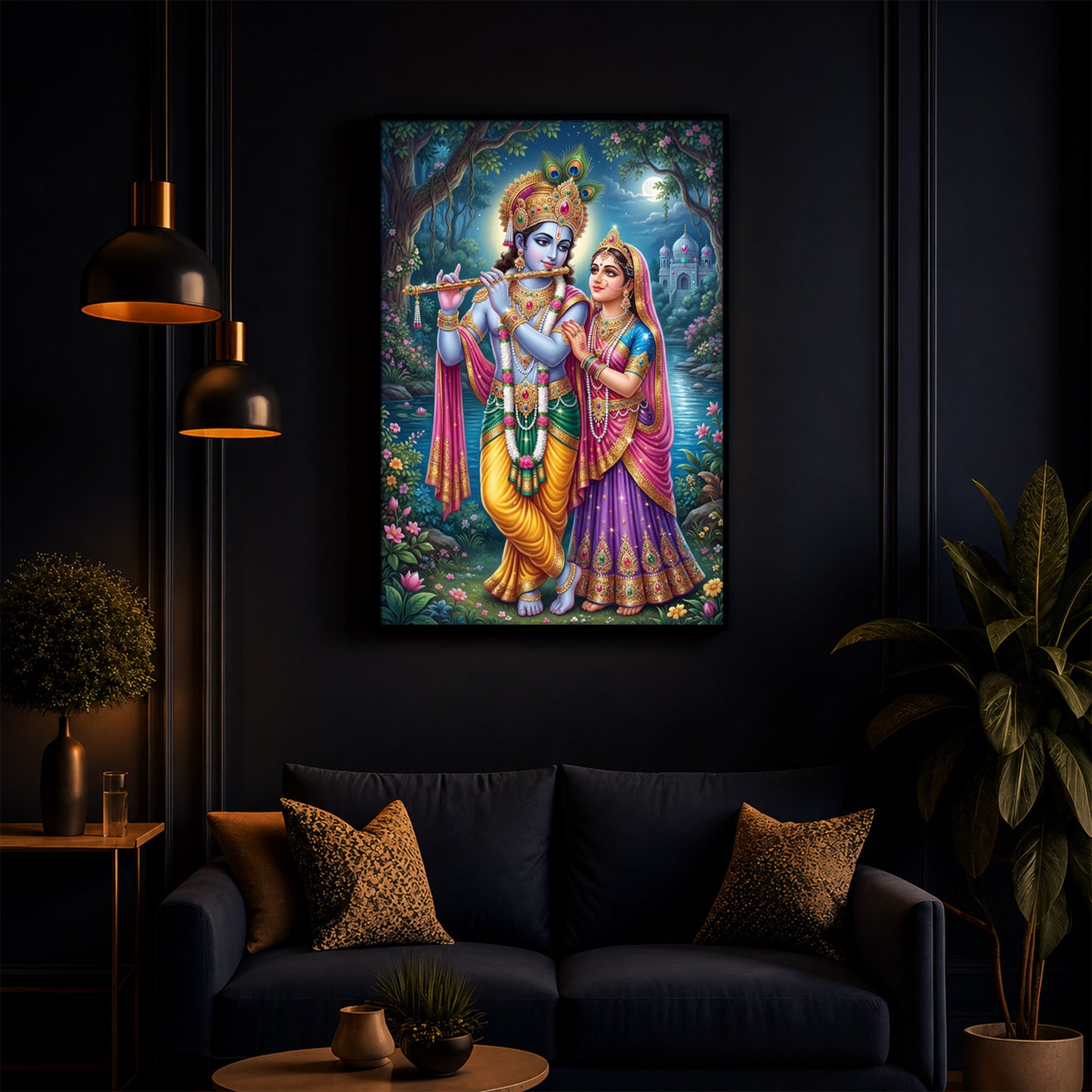 Hindu Deities Radha and Krishna Modern Luxury Backlight Vertical Wall Art