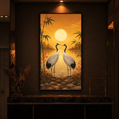 Sunset Crane Pair Modern Luxury Backlight Vertical Wall Art