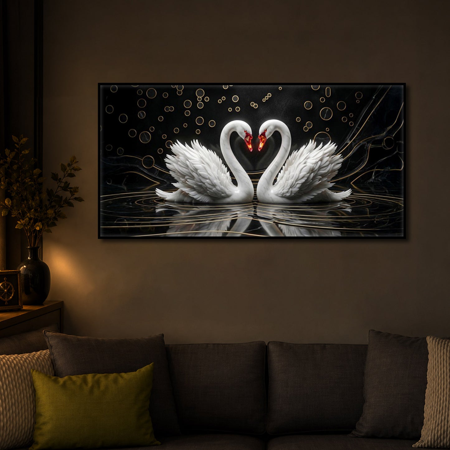 Two White Swans Forming A Heart Modern Luxury Backlight Horizontal Wall Art