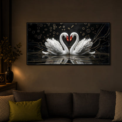 Two White Swans Forming A Heart Modern Luxury Backlight Horizontal Wall Art
