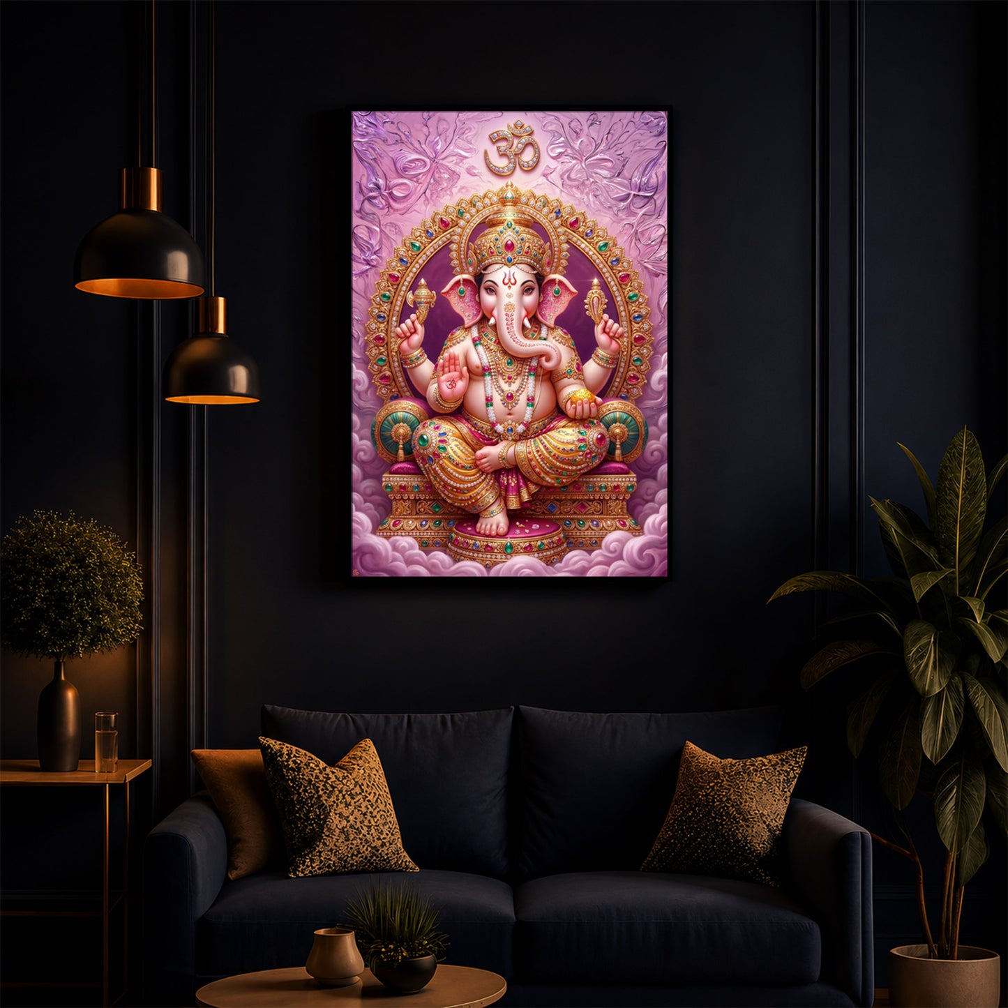 Vakratunda Mahakaya Ganesh Ji Modern Luxury Backlight Vertical Wall Art