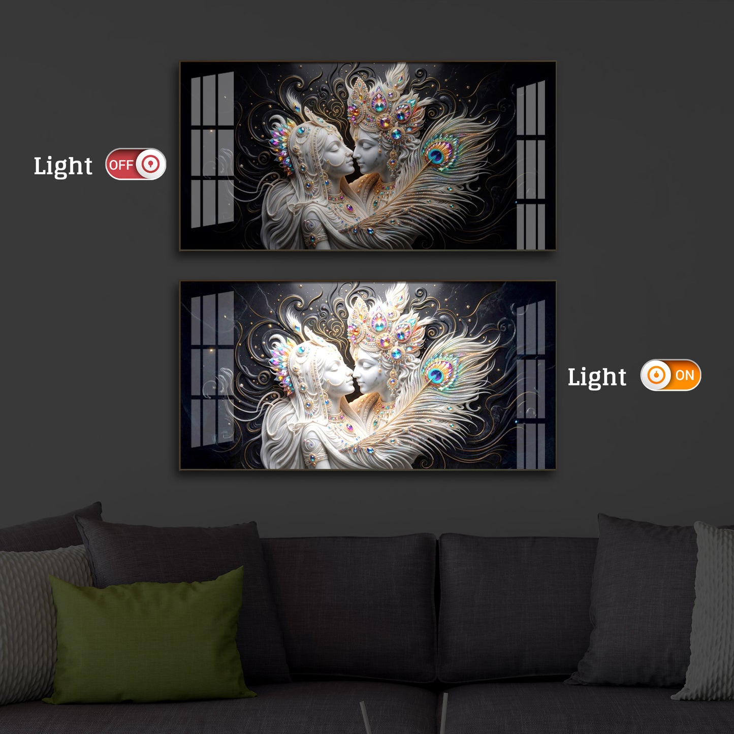 Depicts Radha Krishna Modern Luxury Backlight Horizontal Wall Art