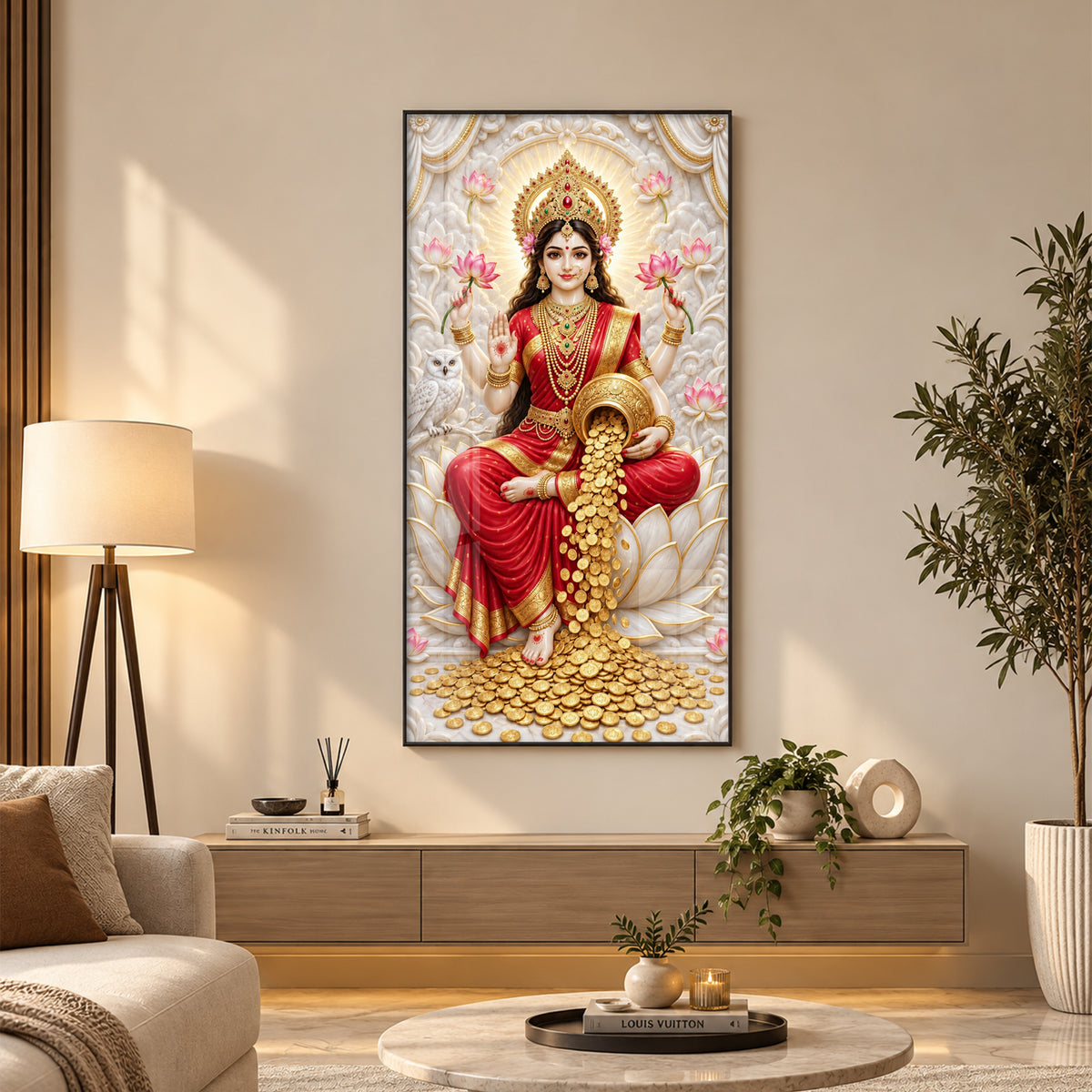 Goddess Laxmi With Gold Coins Premium Acrylic Vertical Wall Art