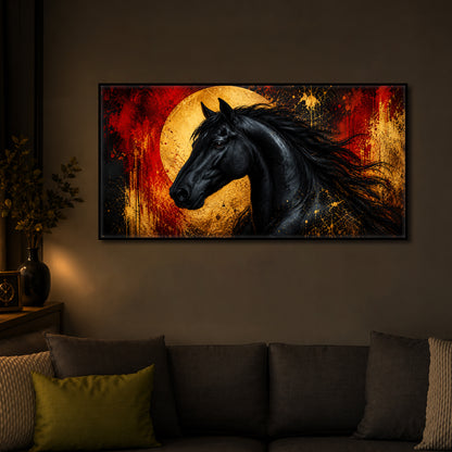 Black Horse With Abstract Background Modern Luxury Backlight Horizontal Wall Art