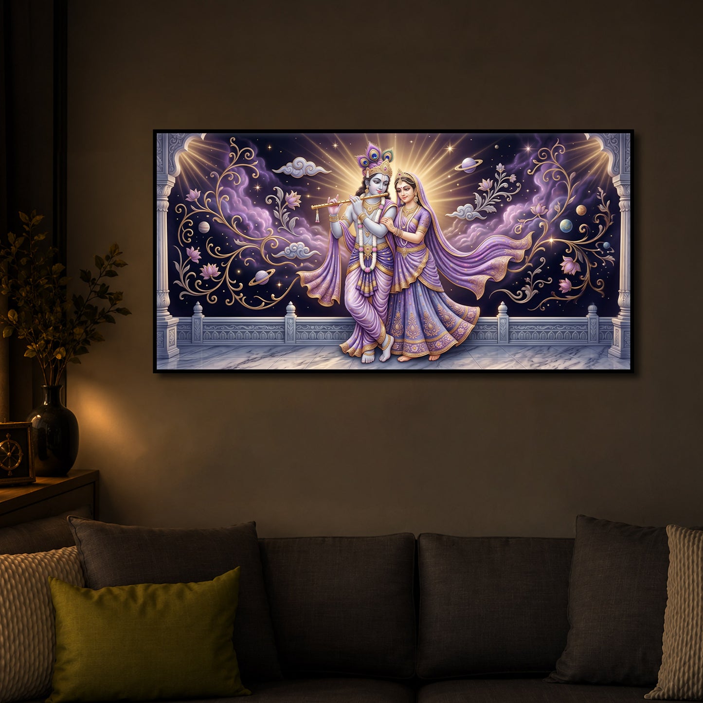 Divine Couple Radha Krishna Modern Luxury Backlight Horizontal Wall Art