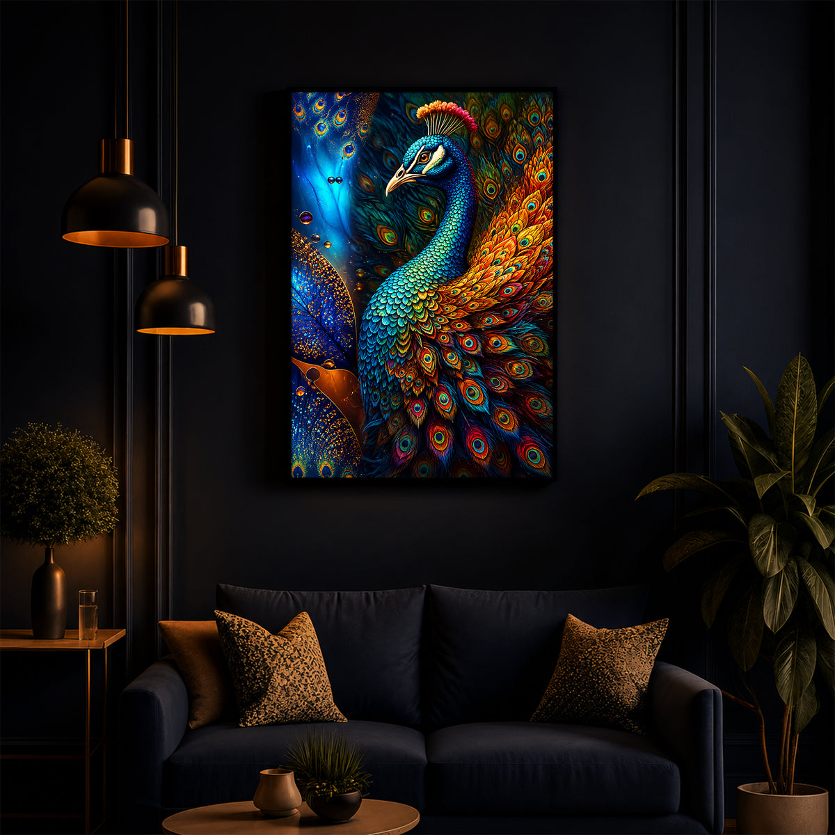 Majestic Regal Peacock Feathers Modern Luxury Backlight Vertical Wall Art