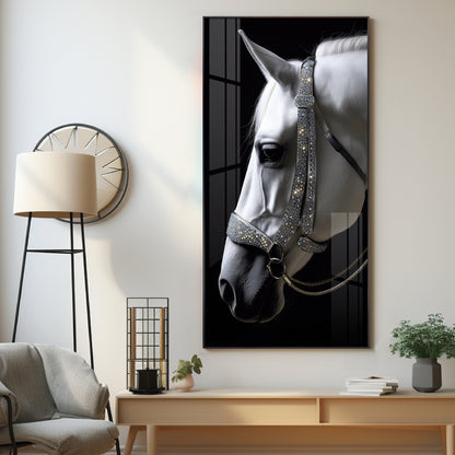 White Horse With Black Background Premium Acrylic Vertical Wall Art