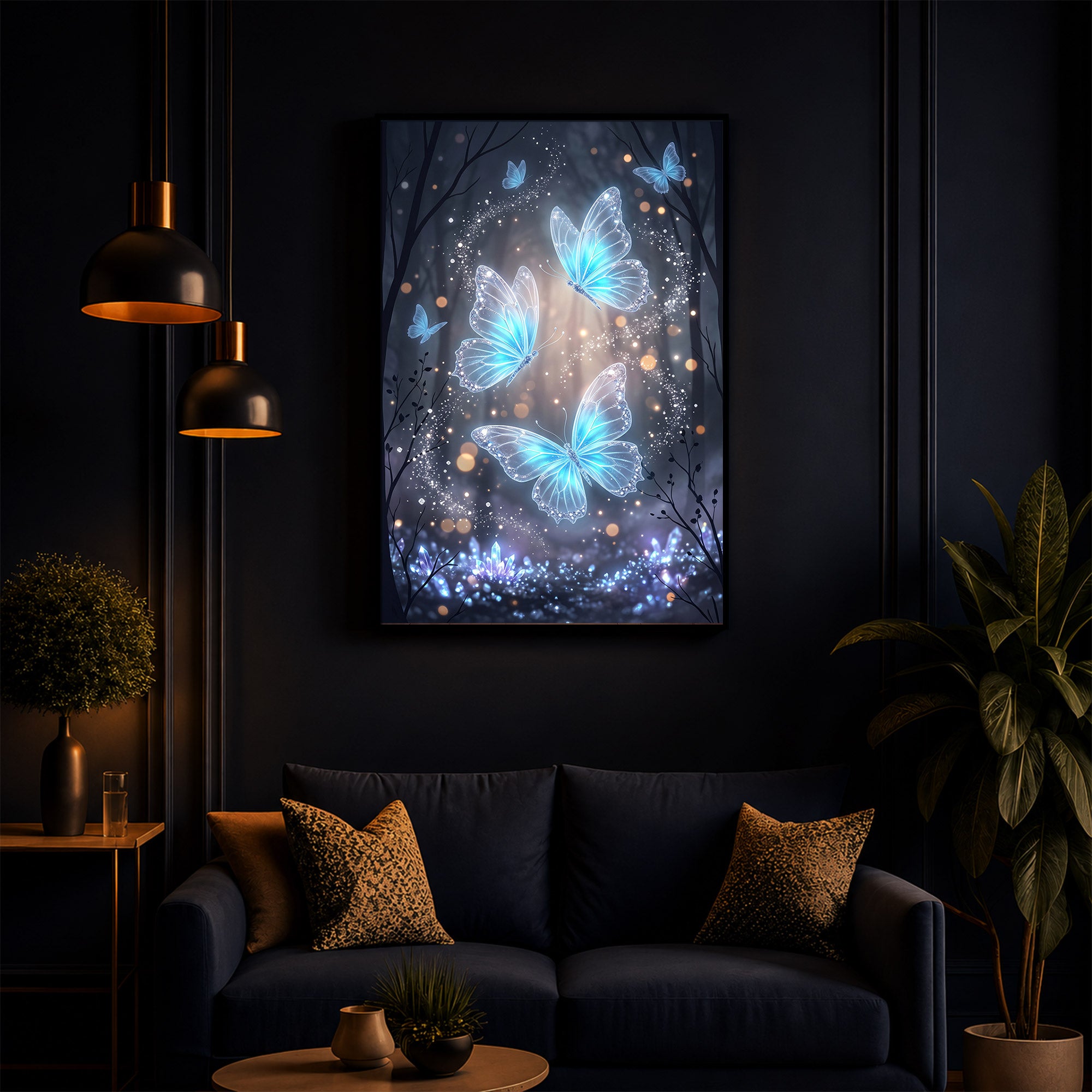 Luminous Crystal Blue Butterflies Modern Luxury Backlight Vertical Wall Art