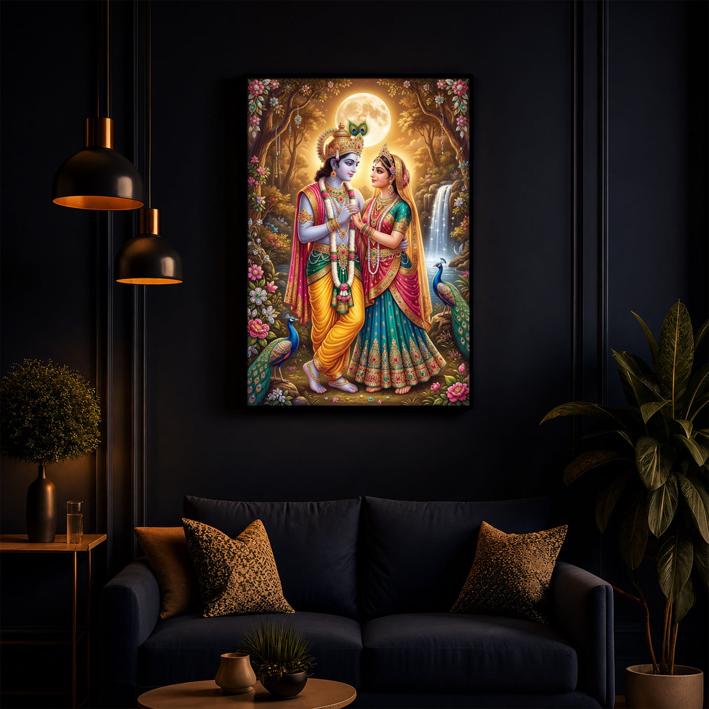 Radha Krishna in Vrindavan Garden Modern Luxury Backlight Vertical Wall Art