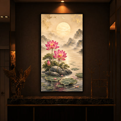Serene Pink Lotus Landscape Modern Luxury Backlight Vertical Wall Art