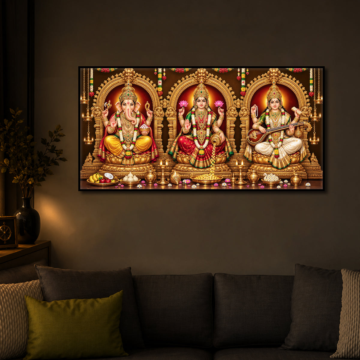 Lord Ganesha, Goddess Lakshmi, and Goddess Saraswati Modern Luxury Backlight Horizontal Wall Art