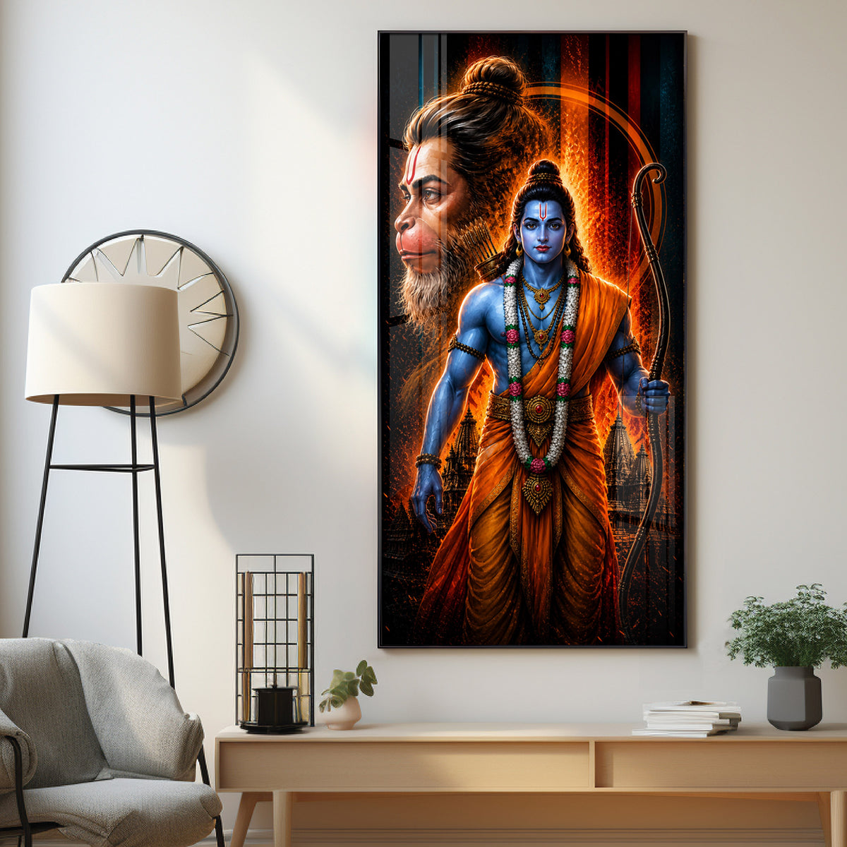 Sacred Lord Rama & Hanuman Divine Aura Premium Acrylic Vertical Wall Art