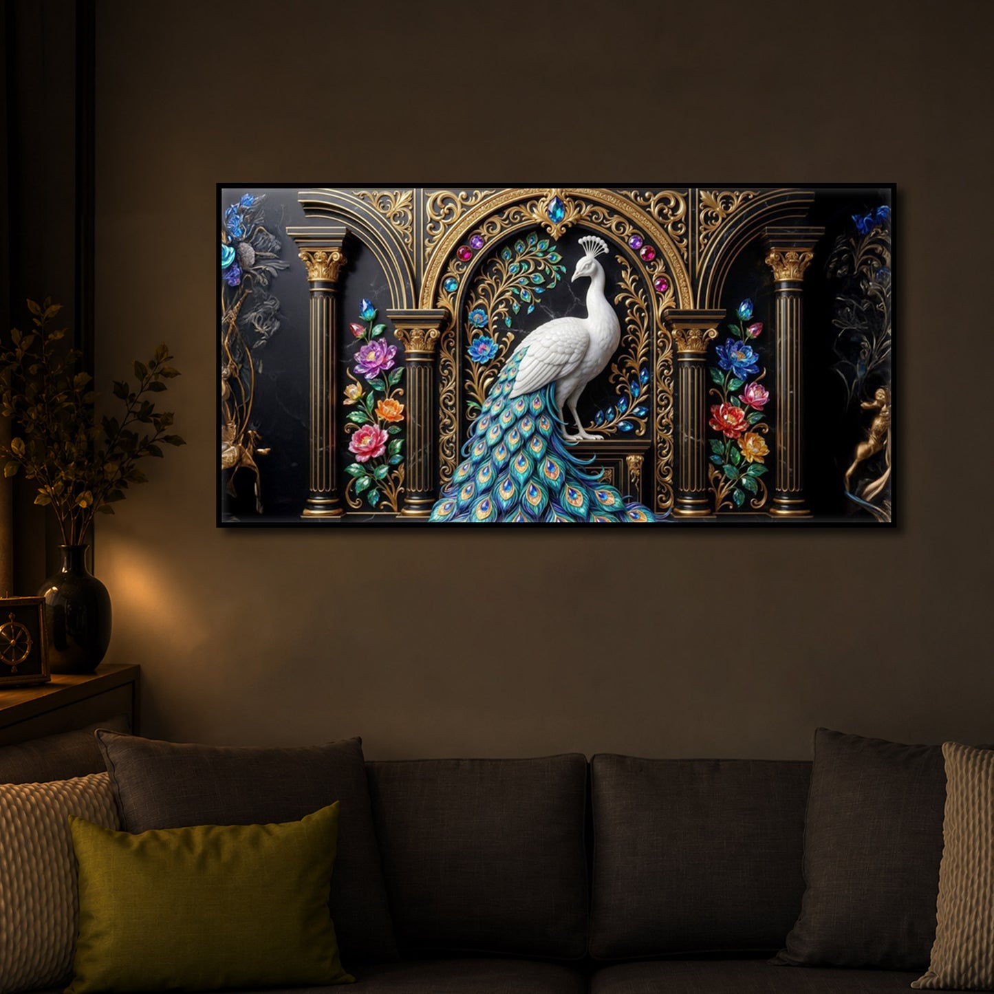 White Peacock Against A Dark Modern Luxury Backlight Horizontal Wall Art