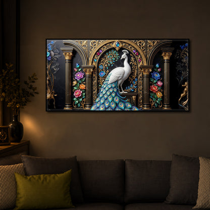 White Peacock Against A Dark Modern Luxury Backlight Horizontal Wall Art