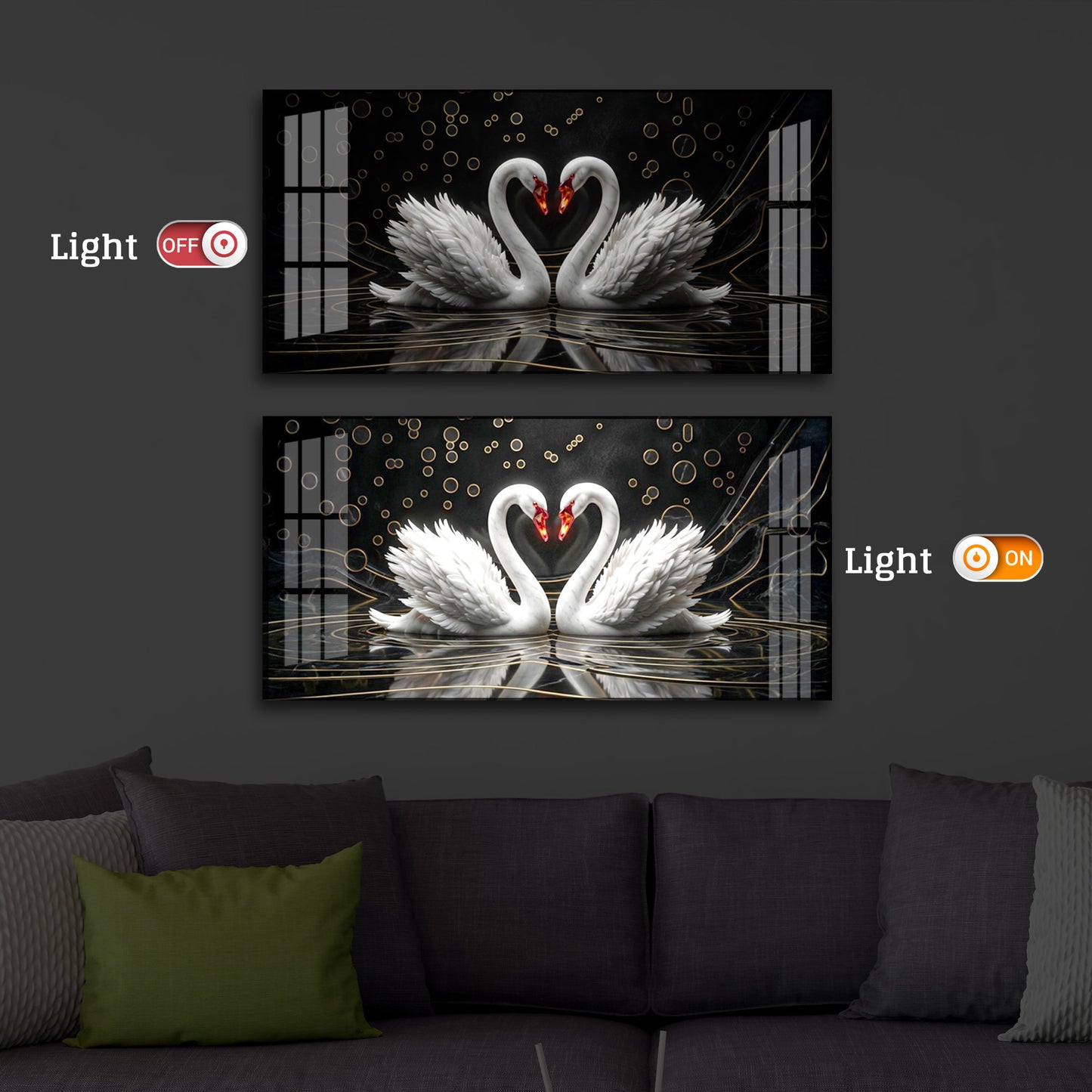 Two White Swans Forming A Heart Modern Luxury Backlight Horizontal Wall Art