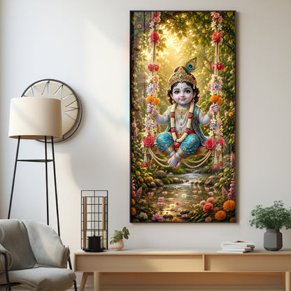 Divine Bal Krishna In Jhula Premium Acrylic Vertical Wall Art