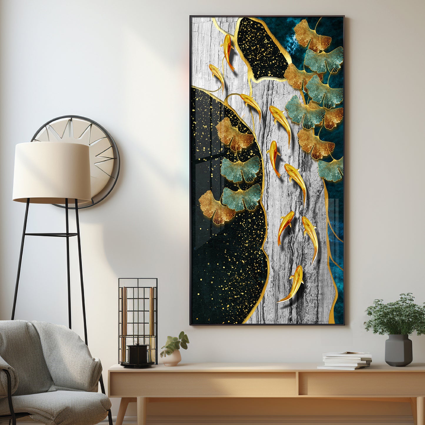 Gold Fish & Feathers Premium Acrylic Vertical Wall Art