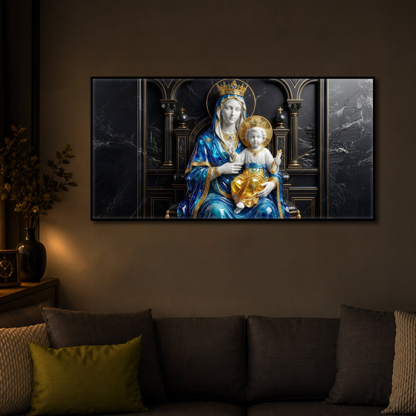 Mother Mary Holding Baby Jesus Modern Luxury Backlight Horizontal Wall Art