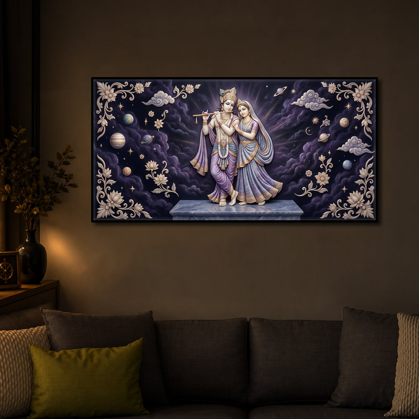 Radha Krishna With Purple Background Modern Luxury Backlight Horizontal Wall Art