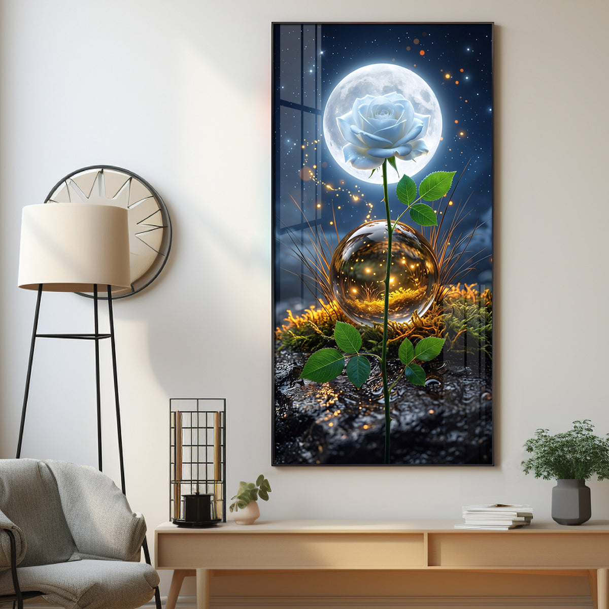 Luminous White Rose with Full Moon Premium Acrylic Vertical Wall Art