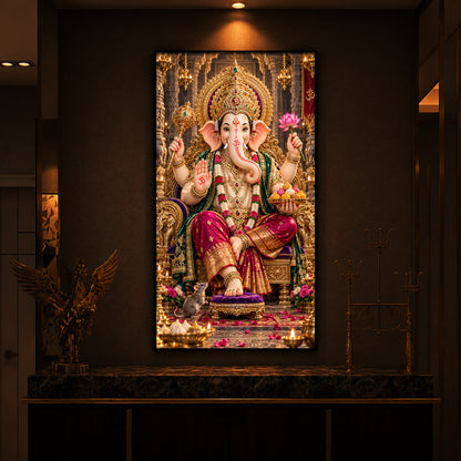 Ganapati Bappa Golden Throne Modern Luxury Backlight Vertical Wall Art