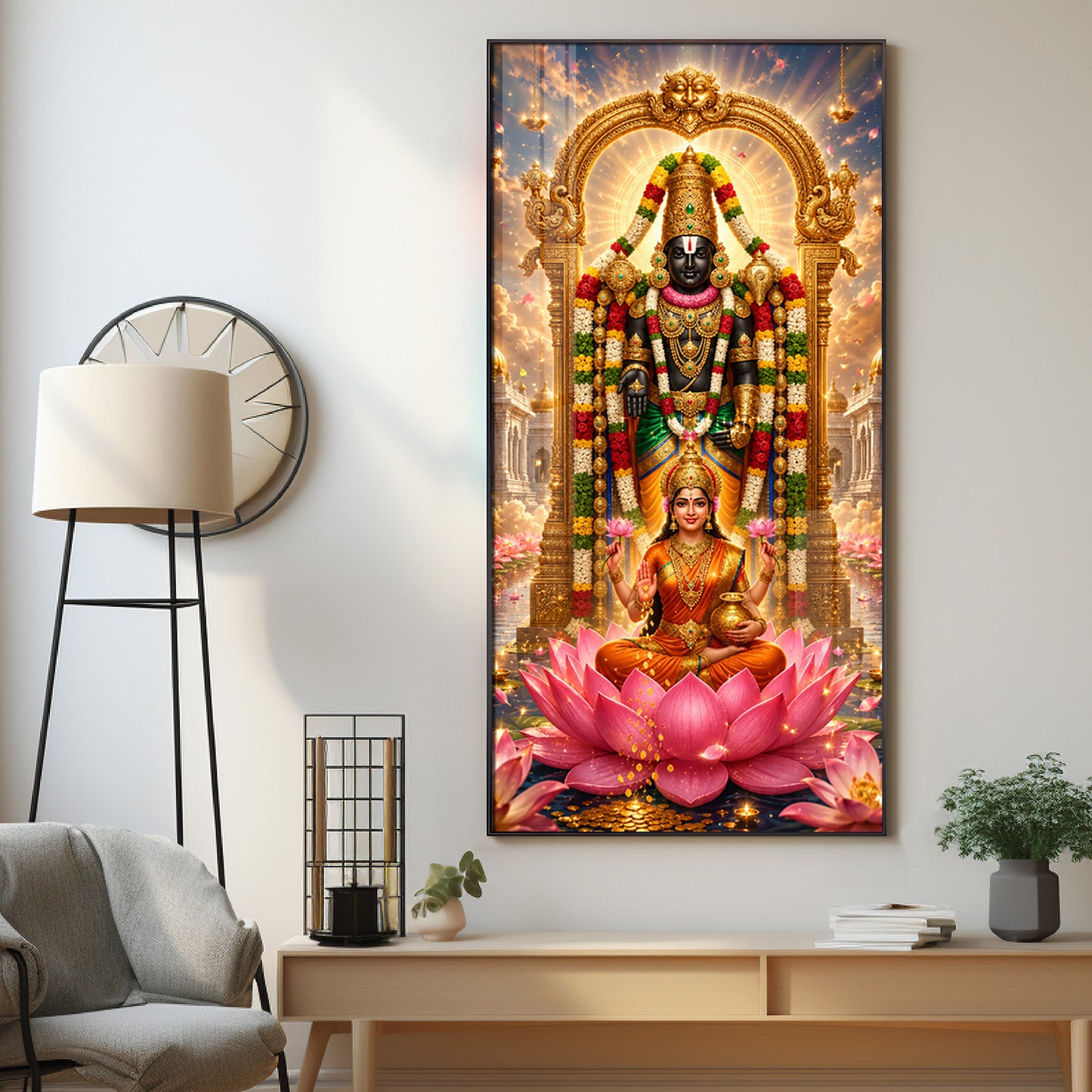 Goddess Lakshmi With Lord Narayan Premium Acrylic Vertical Wall Art