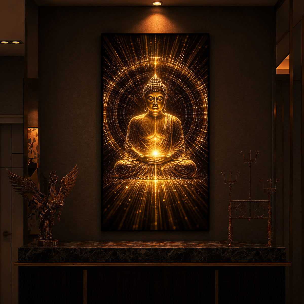 Golden Buddha Meditation Posture Modern Luxury Backlight Vertical Wall Art