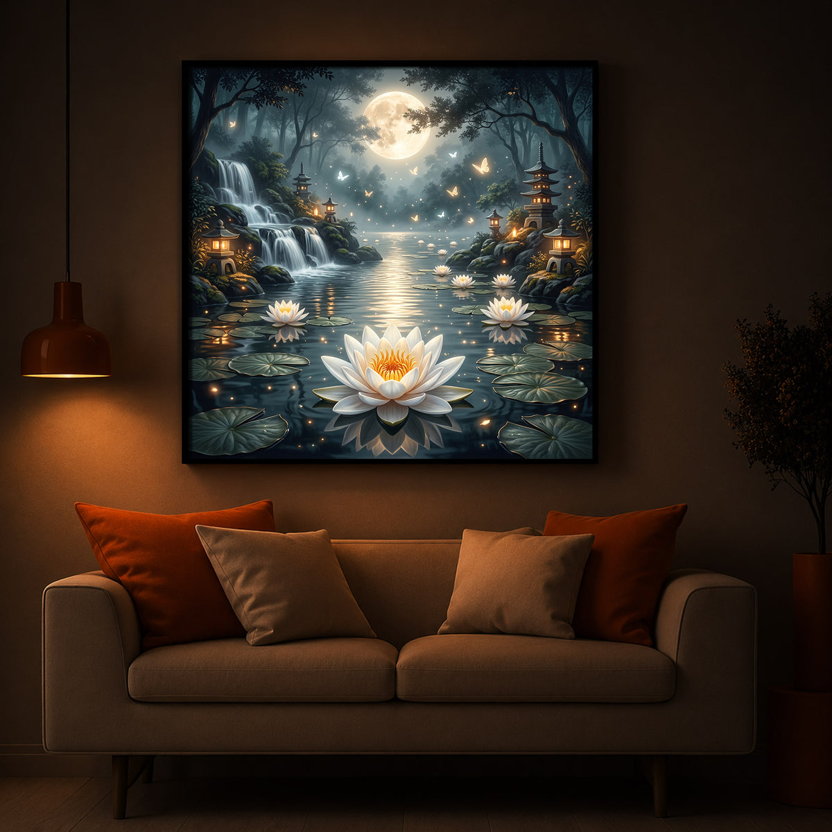 Moonlit Zen Lotus Pond Modern Luxury Backlight Square Wall Art