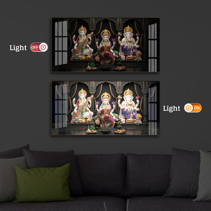 Saraswati,Lakshmi, & Lord Ganesha Modern Luxury Backlight Horizontal Wall Art