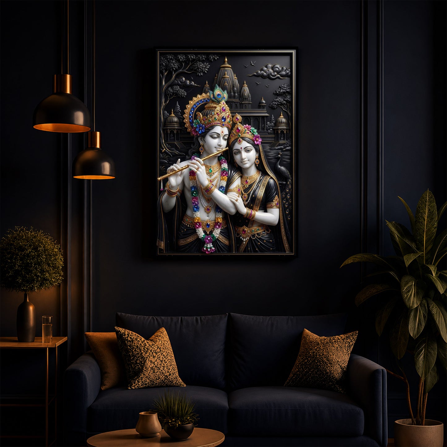 Radha Krishna With Floral Garlands Modern Luxury Backlight Vertical Wall Art